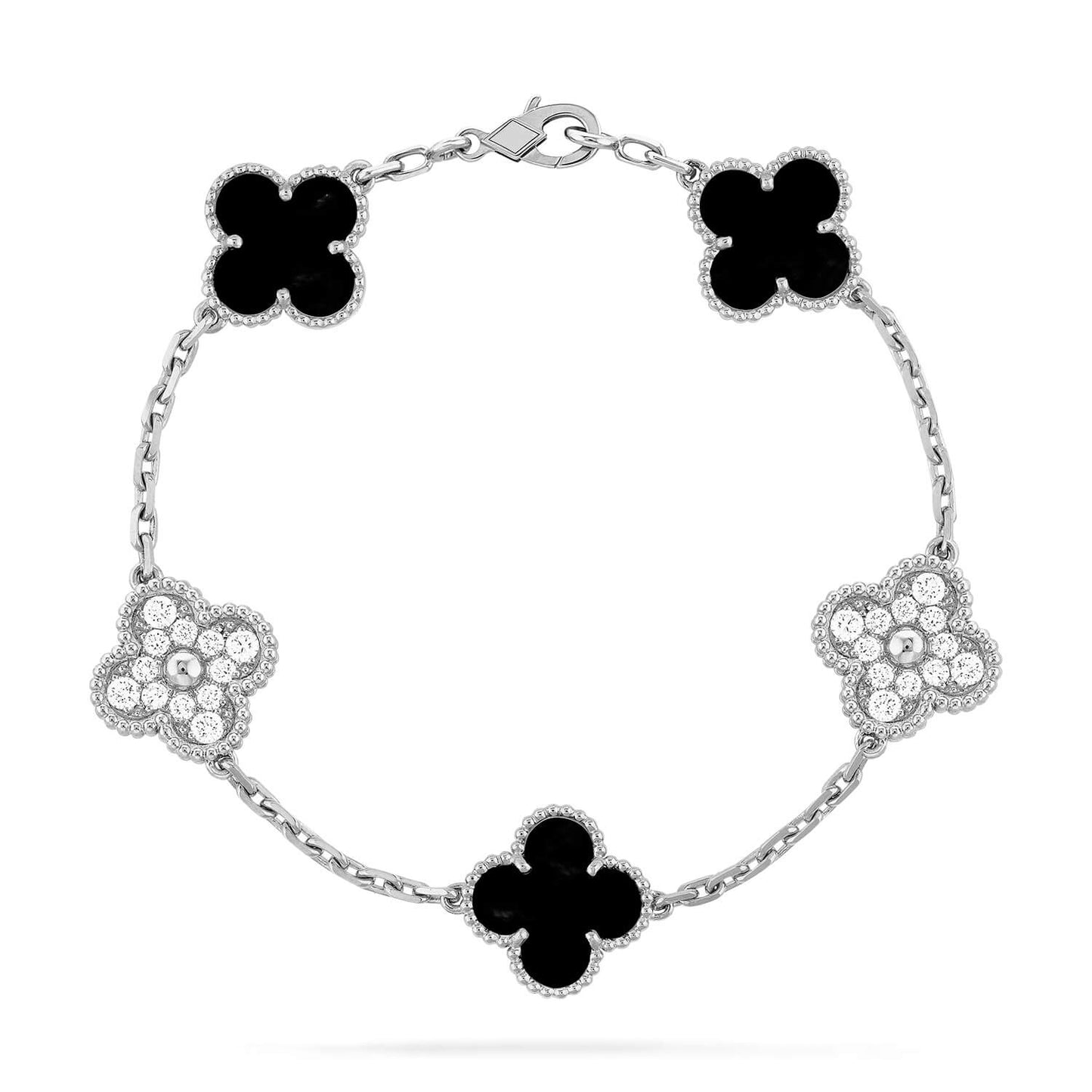 [Luxe Jewels]CLOVER 5 MOTIF ONYXS DIAMOND BRACELET SILVER