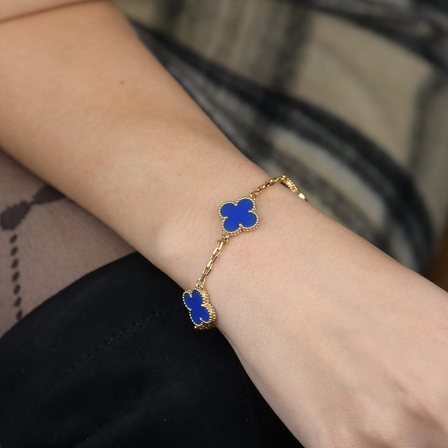 [Luxe Jewels]CLOVER 5 MOTIFS BLUE AGATE BRACELET