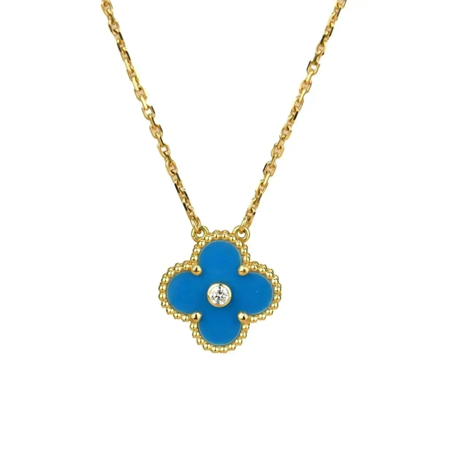 [Luxe Jewels]CLOVER 15MM DIAMOND AND BLUE AGATE NECKLACE