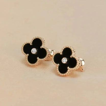 [Luxe Jewels]CLOVER MEDIUM 1 MOTIFS ONYX DIAMOND EARRINGS