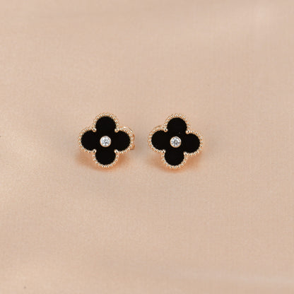 [Luxe Jewels]CLOVER MEDIUM 1 MOTIFS ONYX DIAMOND EARRINGS