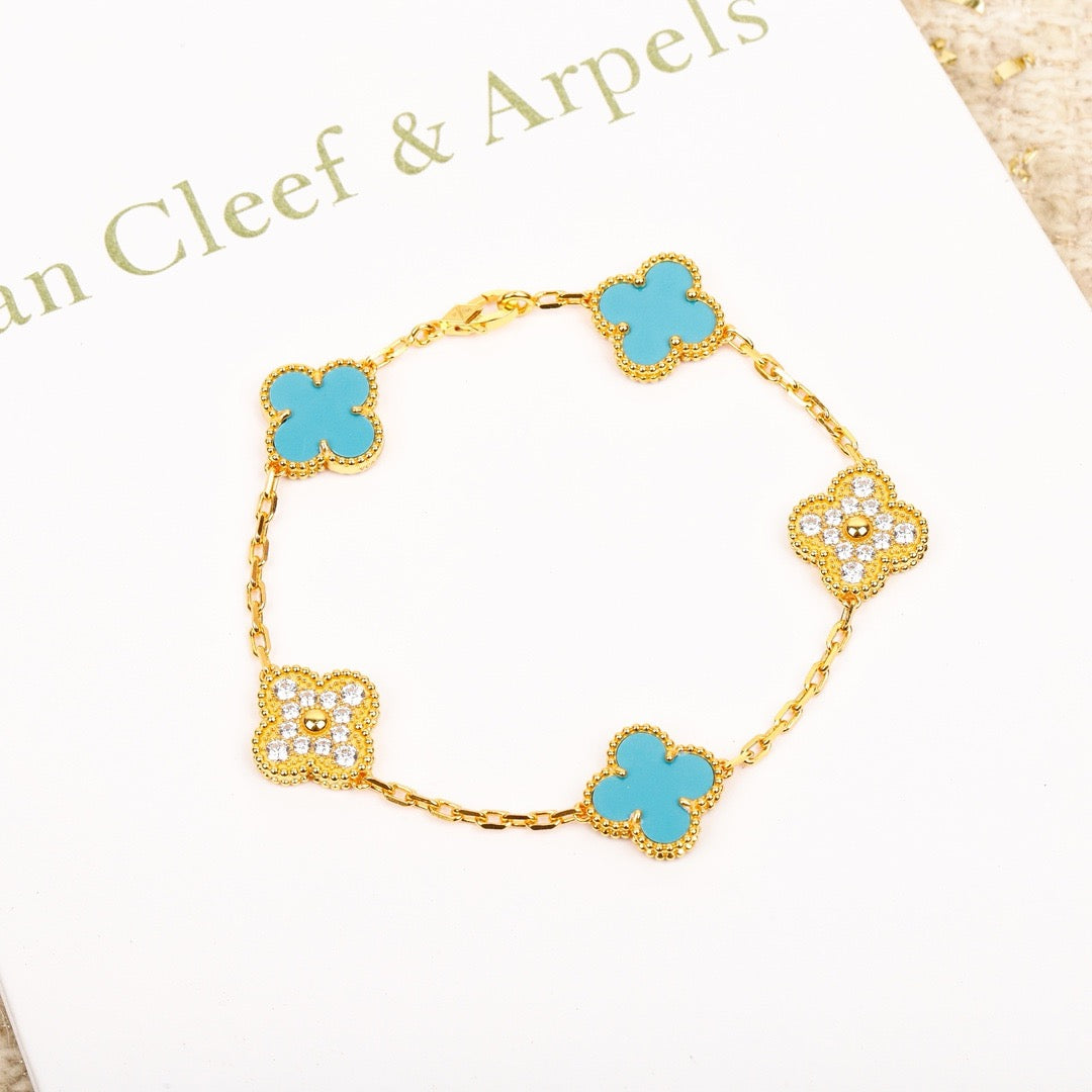 [Luxe Jewels]CLOVER 5 MOTIF TURQUOISE DIAMOND GOLD BRACELET