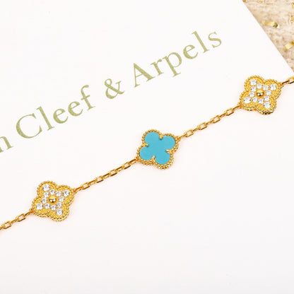 [Luxe Jewels]CLOVER 5 MOTIF TURQUOISE DIAMOND GOLD BRACELET