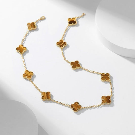 [Luxe Jewels]CLOVER 10 MOTIFS TIGER EYE NECKLACE