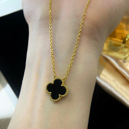 [Luxe Jewels]CLOVER 15MM BLACK ONYX SINGLE FLOWER NECKLACE