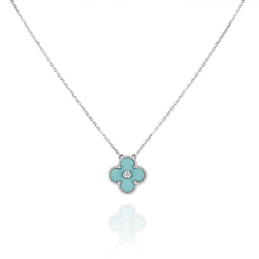 [Luxe Jewels]CLOVER 1 DIAMOND LIGHT BLUE SILVER NECKLACE