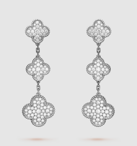 [Luxe Jewels]CLOVER 3 MOTIF DIAMOND SILVER DROP EARRINGS