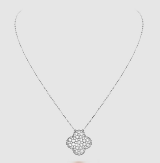 [Luxe Jewels]CLOVER 25MM LARGE PENDANT DIAMOND PAVED SILVER NECKLACE