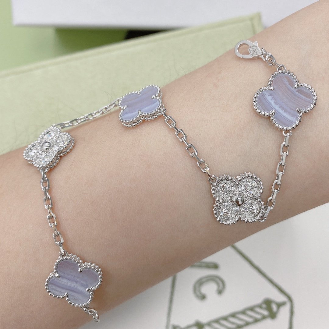 [Luxe Jewels]CLOVER  5 MOTIF DIAMOND PURPLE CHALCEDONY BRACELET SILVER