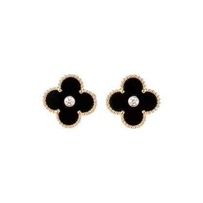 [Luxe Jewels]CLOVER MEDIUM 1 MOTIFS ONYX DIAMOND EARRINGS