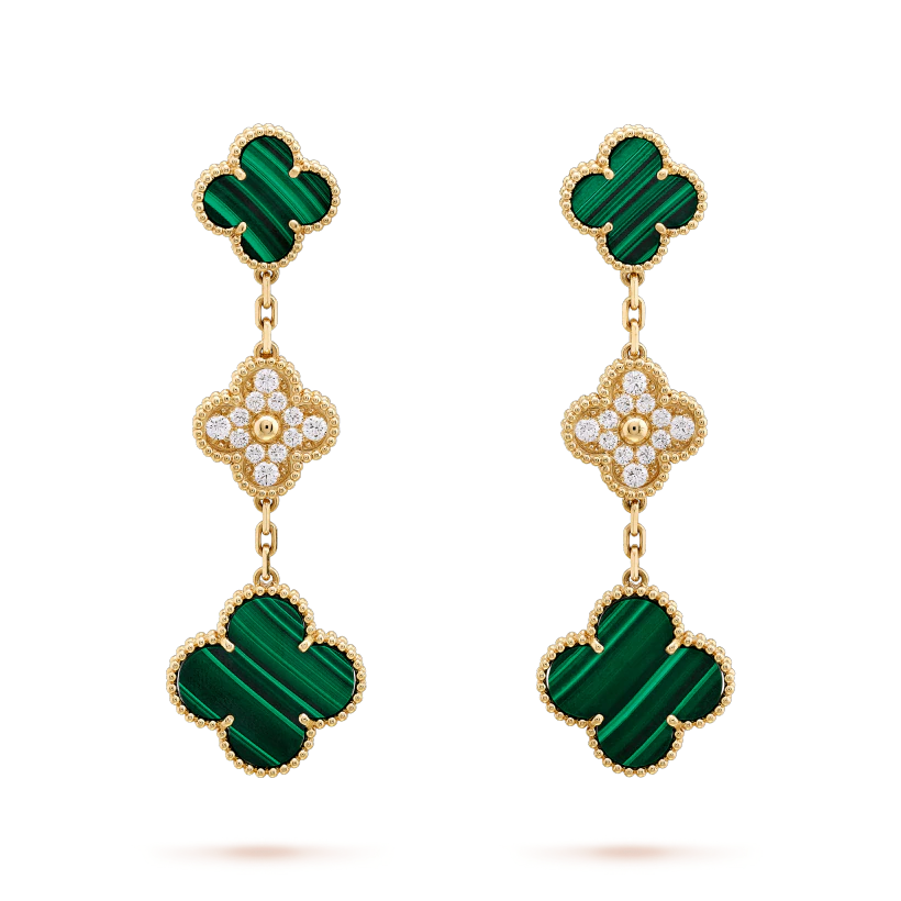 [Luxe Jewels]CLOVER EARRINGS GOLD MALACHITE DIAMOND 3 MOTIF