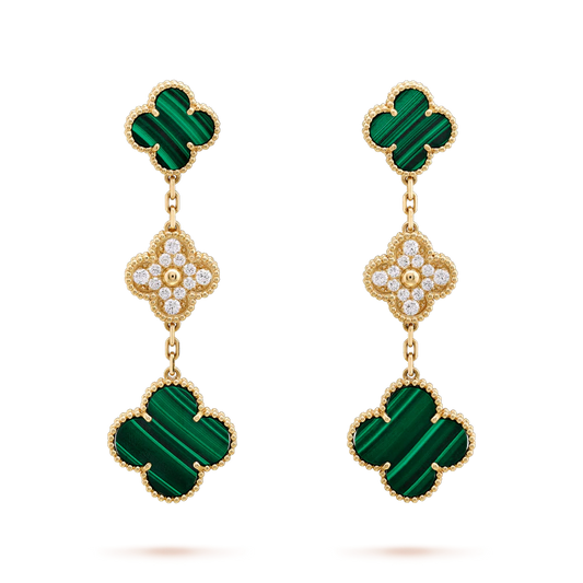 [Luxe Jewels]CLOVER EARRINGS GOLD MALACHITE DIAMOND 3 MOTIF