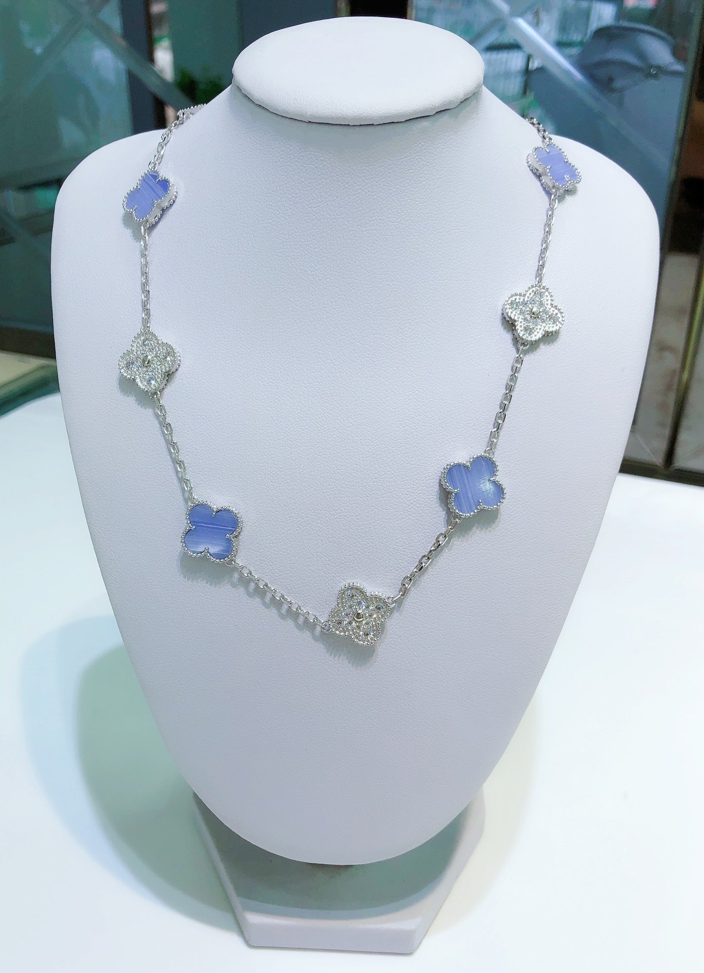 [Luxe Jewels]CLOVER 10 MOTIFS CHALCEDONY DIAMONDS SILVER NECKLACE