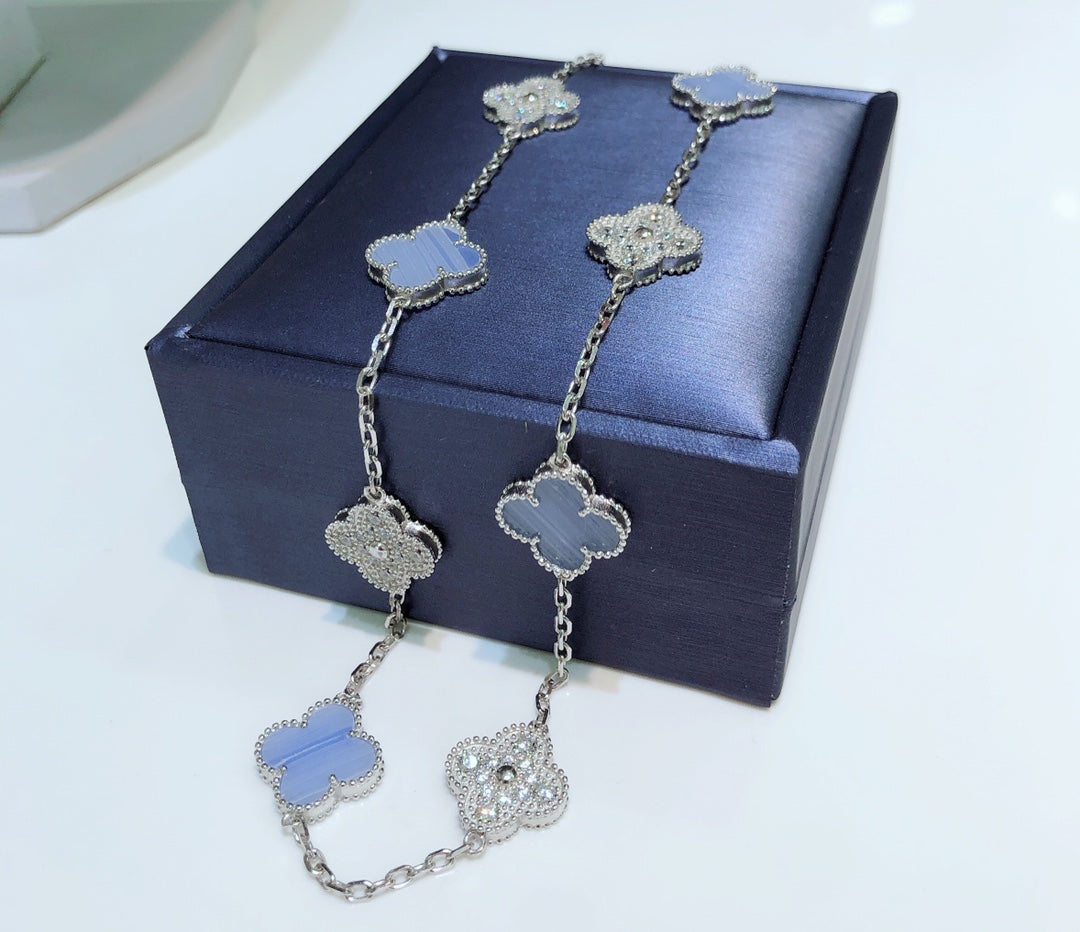 [Luxe Jewels]CLOVER 10 MOTIFS CHALCEDONY DIAMONDS SILVER NECKLACE