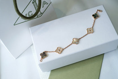 [Luxe Jewels]CLOVER 5 MOTIFS DARK MOP AND DIAMONDS PINK GOLD BRACELET