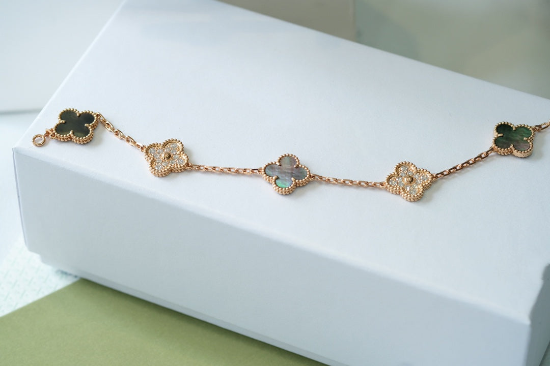 [Luxe Jewels]CLOVER 5 MOTIFS DARK MOP AND DIAMONDS PINK GOLD BRACELET