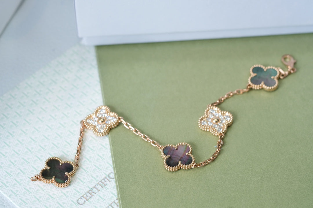 [Luxe Jewels]CLOVER 5 MOTIFS DARK MOP AND DIAMONDS PINK GOLD BRACELET