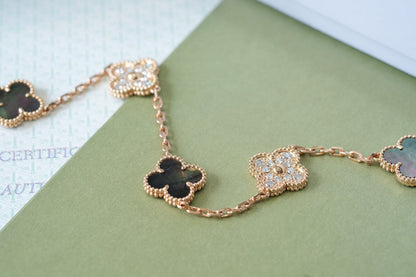 [Luxe Jewels]CLOVER 5 MOTIFS DARK MOP AND DIAMONDS PINK GOLD BRACELET