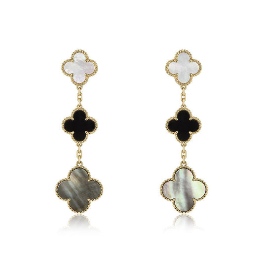 [Luxe Jewels]CLOVER EARRINGS GOLD ONYX MOP 3 MOTIF